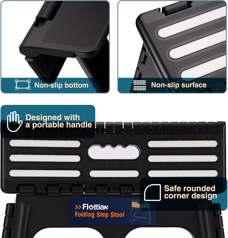 Flottian 9" Folding Step Stool for Adults and Kids 15-Inch Extra Wide Stool Holds Up to 300 lbs,Non-Slip Folding Stools with Handle,Compact Plastic Foldable Step Stool for Bathroom,Kitchen,ect,Black - Image 4